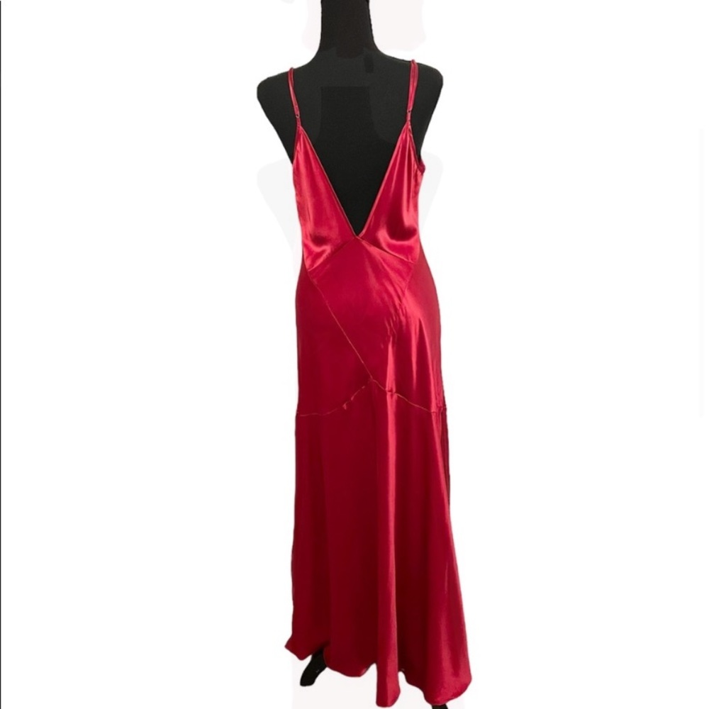 Vintage 90s 100% Silk Slip Dress Crimson Red High Slit Silk Dress Backless Bella - Picture 11 of 16